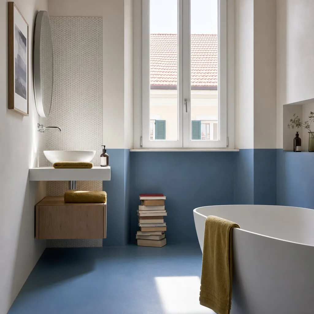 Baño de diseño con bañera exenta y frente azul