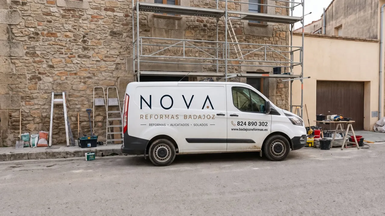 Furgoneta rotulada de Nova Reformas Badajoz a pie de obra