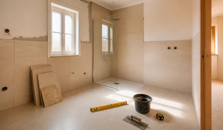 Baño en reforma con plato de ducha, azulejos y herramientas ordenadas