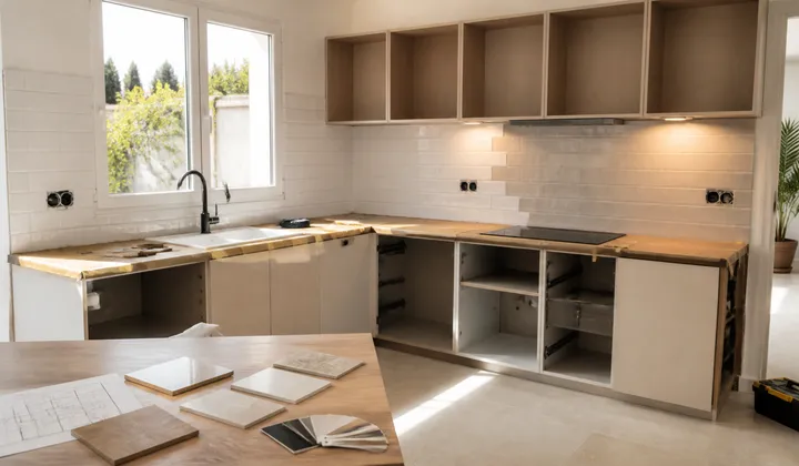 Cocina en reforma con encimera protegida, azulejos claros y herramientas ordenadas