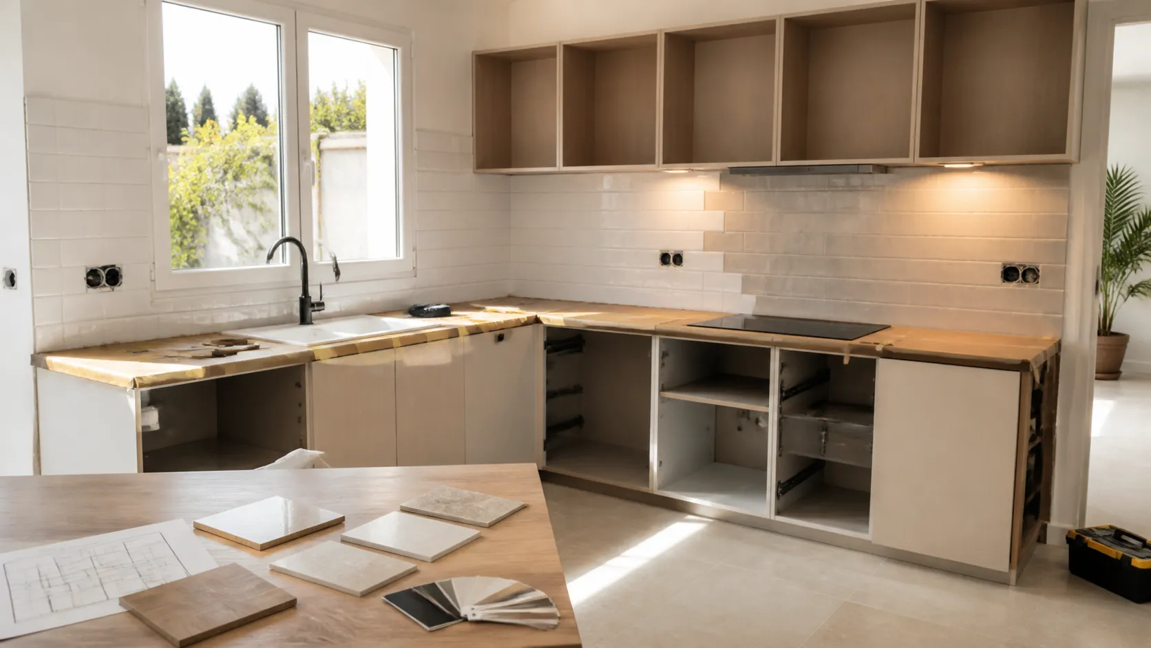 Cocina en reforma con encimera protegida, azulejos claros y herramientas ordenadas