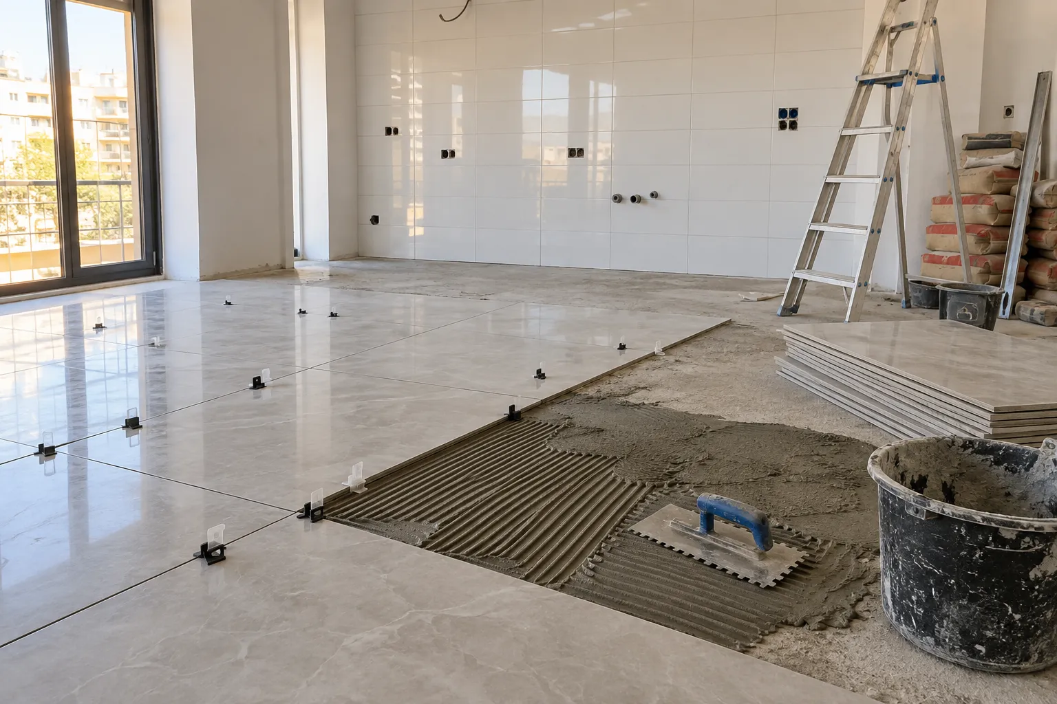 Albañil colocando porcelánico rectificado sobre mortero en una vivienda en reforma, con herramienta de corte y piezas de azulejo apiladas